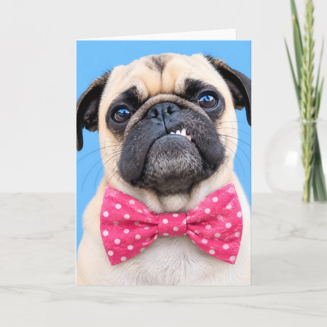Pug Wearing Pink Bow Holiday Card (Front)