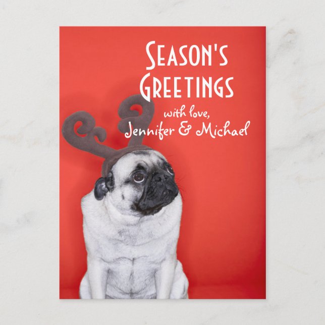 Pug wearing reindeer antlers postcard (Front)