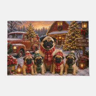 Pug Winter Barn Christmas Painting with 4 Puppies Doormat