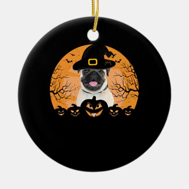 Pug Witch Hat Jack-o-Lantern Dogs Halloween T-Shir Ceramic Ornament (Front)