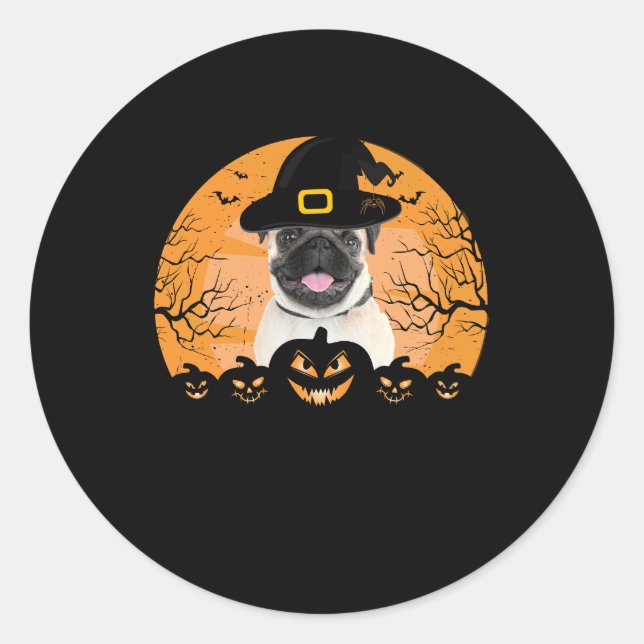 Pug Witch Hat Jack-o-Lantern Dogs Halloween T-Shir Classic Round Sticker (Front)