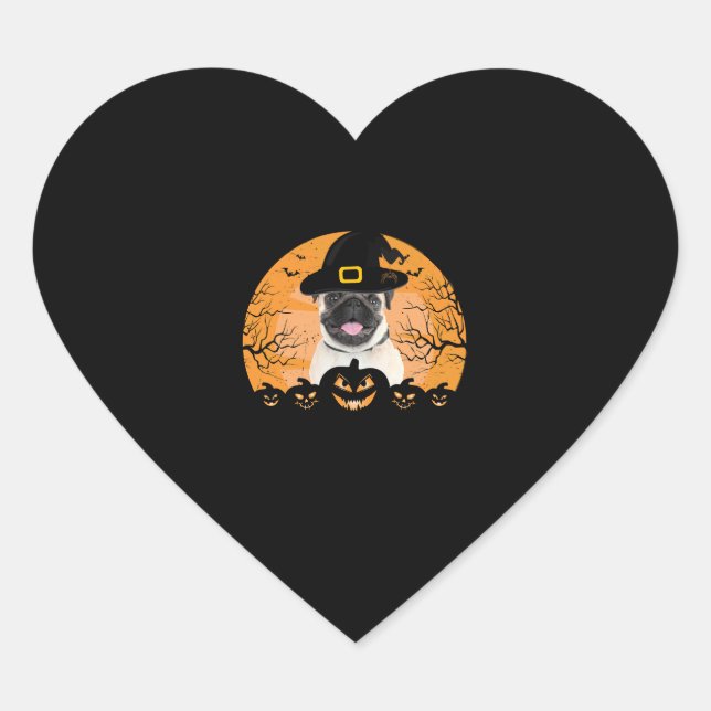 Pug Witch Hat Jack-o-Lantern Dogs Halloween T-Shir Heart Sticker (Front)