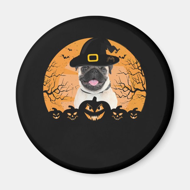 Pug Witch Hat Jack-o-Lantern Dogs Halloween T-Shir Magnet (Front)