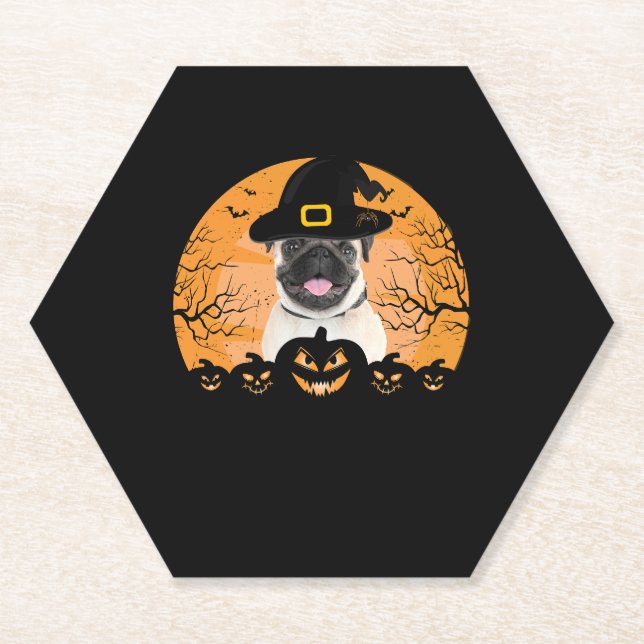 Pug Witch Hat Jack-o-Lantern Dogs Halloween T-Shir Paper Coaster (Front)