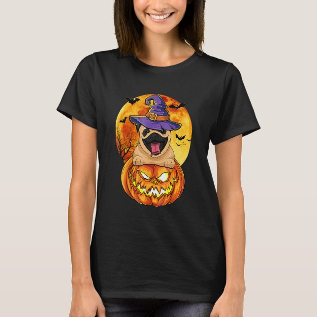 Pug Witch Pumpkin Halloween Dog T-Shirt (Front)