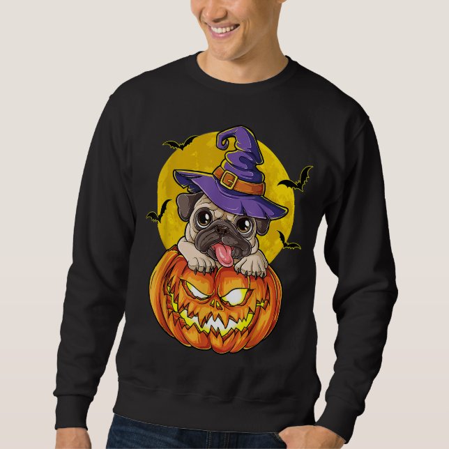 Pug Witch Pumpkin Halloween Girls Women Pugkin Dog Sweatshirt (Front)