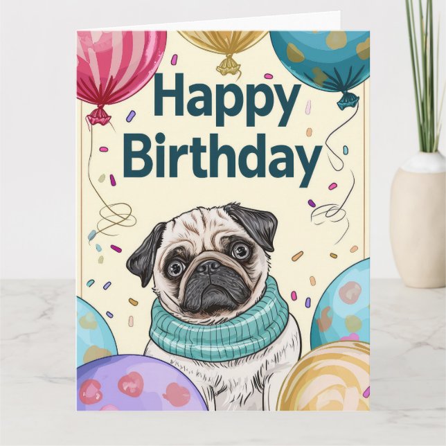Pug with Balloons Card (Front)