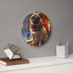 Pug with Christmas Lights Holiday Large Clock