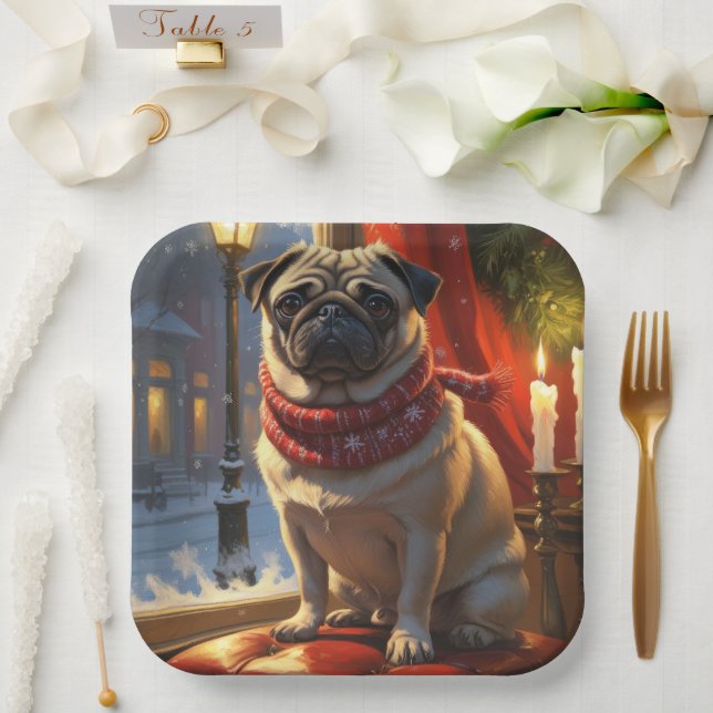 Pug with Christmas Lights Holiday Paper Plate (Wedding)
