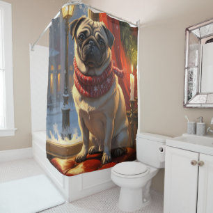 Pug with Christmas Lights Holiday Shower Curtain