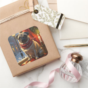 Pug with Christmas Lights Holiday Square Sticker