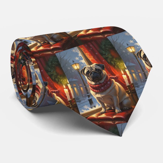 Pug with Christmas Lights Holiday Tie (Rolled)