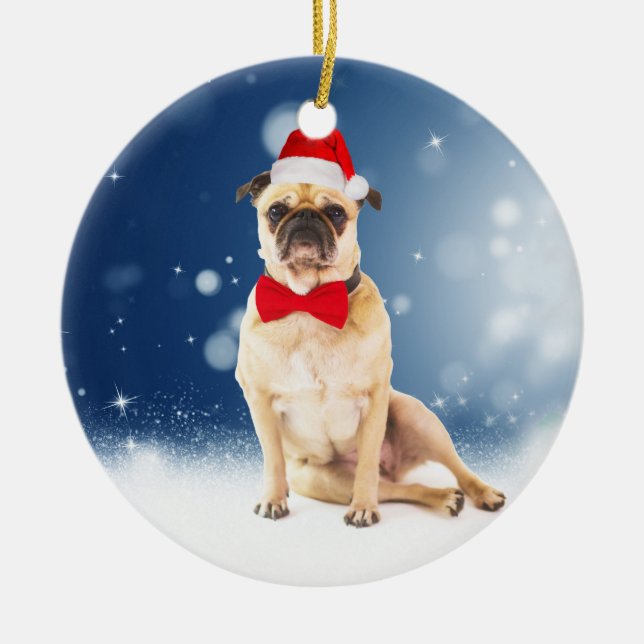 Pug with Christmas Santa Hat Ceramic Tree Decoration (Front)