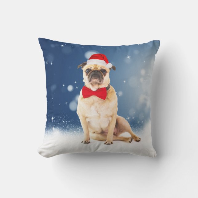 Pug with Christmas Santa Hat Cushion (Front)