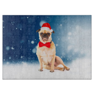 Pug with Christmas Santa Hat Cutting Board