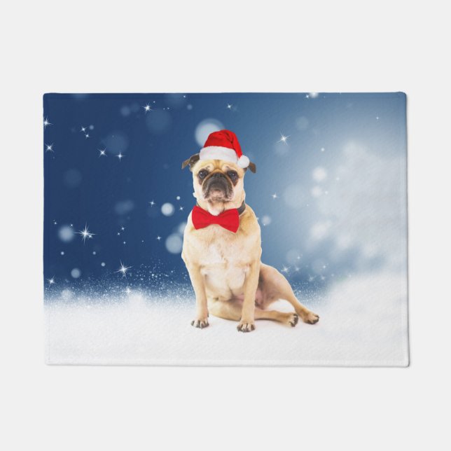 Pug with Christmas Santa Hat Doormat (Front)