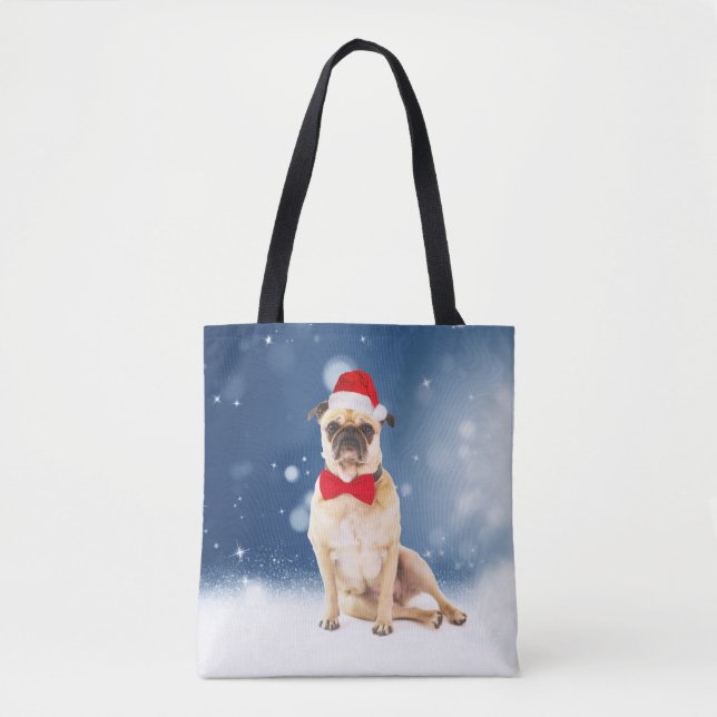 Pug with Christmas Santa Hat Tote Bag (Front)