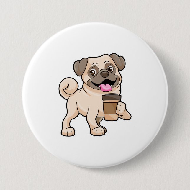 Pug with Coffee to go 7.5 Cm Round Badge (Front)