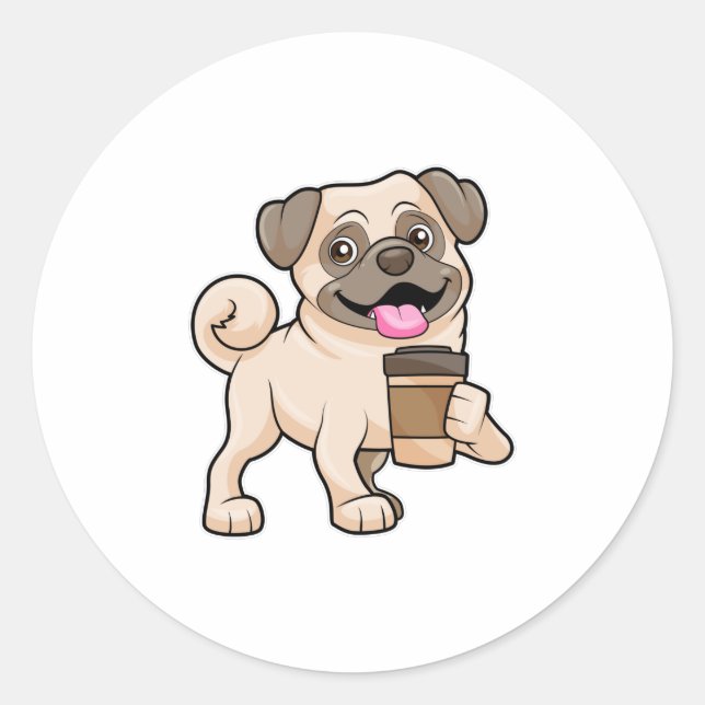 Pug with Coffee to go Classic Round Sticker (Front)