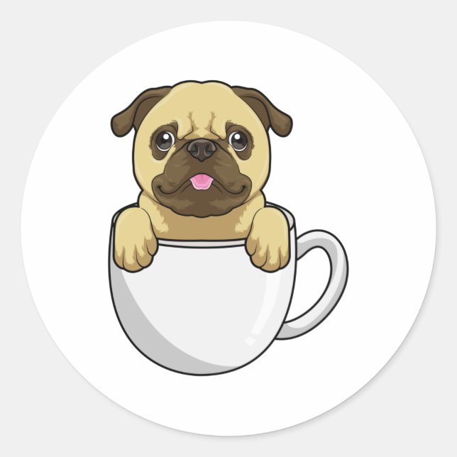 Pug with Cup of Coffee Classic Round Sticker (Front)