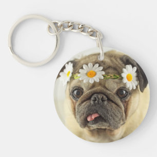 Pug with Daisy Crown Key Ring