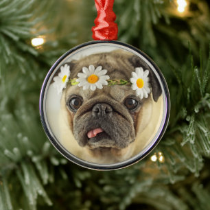 Pug with Daisy Crown Metal Ornament
