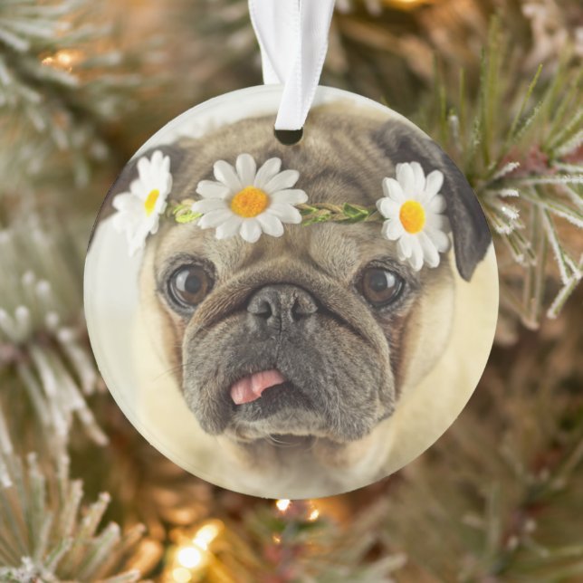Pug with Daisy Crown Ornament (Tree)