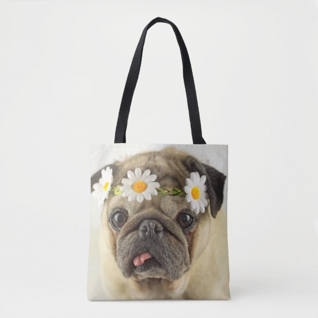 Pug with Daisy Crown Tote Bag (Front)