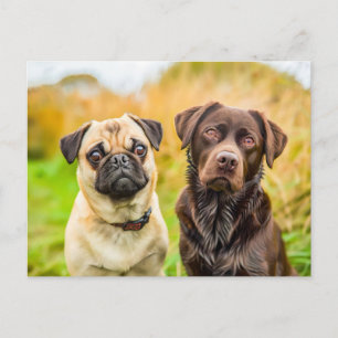 Pug with Dog Friend Playing Together Postcard
