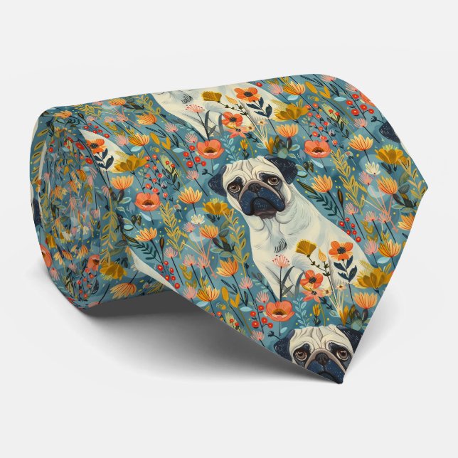 Pug With Flowers Gouache Tie (Rolled)