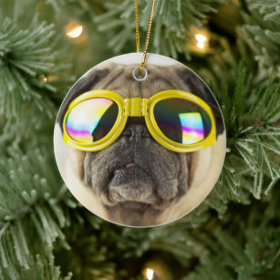 Pug with Goggles Ceramic Ornament