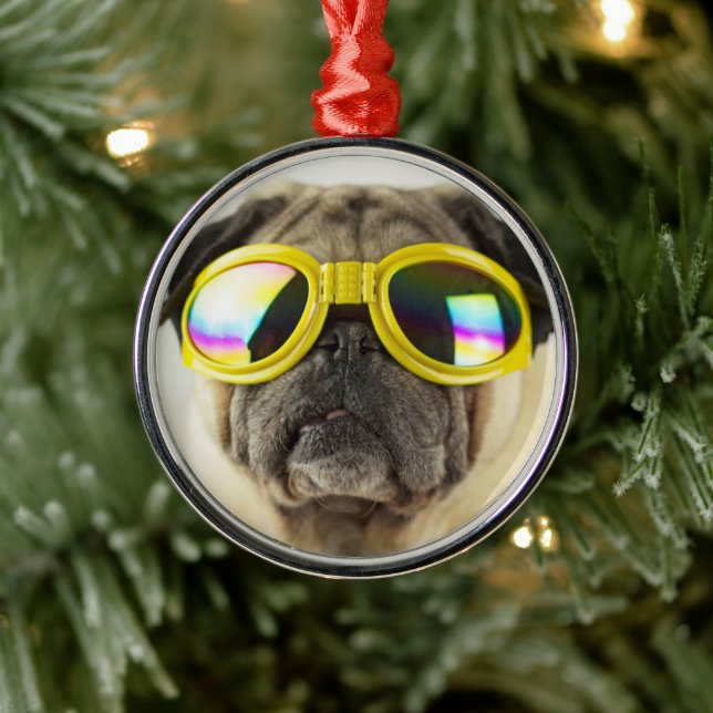 Pug with Goggles Metal Ornament (Tree)