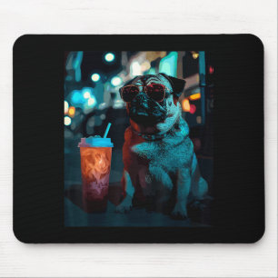 Pug with iced coffee mouse pad