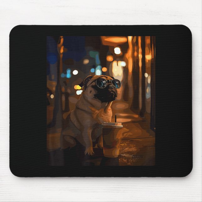 Pug with iced coffee  mouse pad (Front)