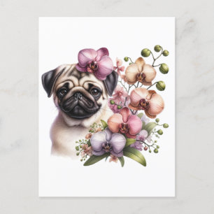 Pug with Orchid Branch, Postcrossing Postcard
