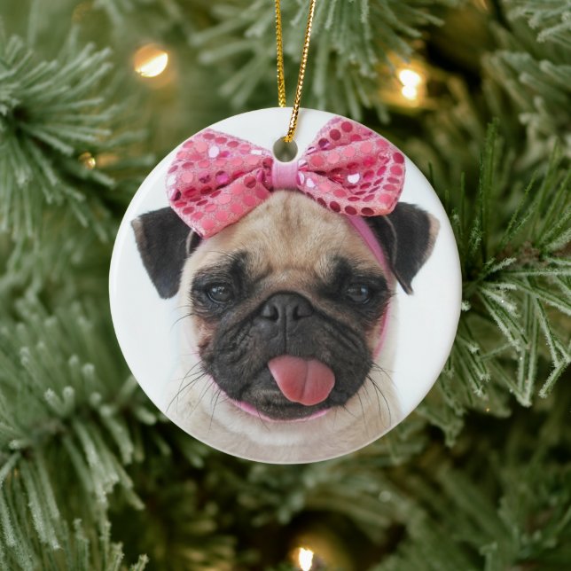 Pug with Pink Bow Ceramic Ornament (Tree)
