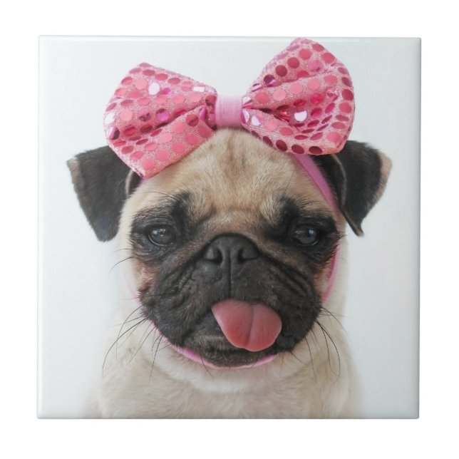Pug with Pink Bow Ceramic Tile (Front)