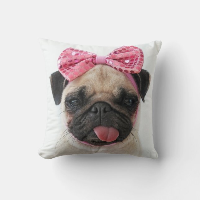 Pug with Pink Bow Cushion (Front)