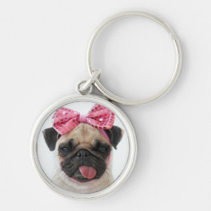 Pug with Pink Bow Key Ring