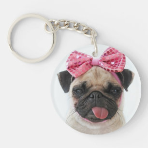 Pug with Pink Bow Key Ring