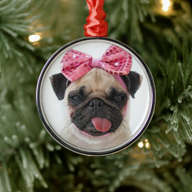 Pug with Pink Bow Metal Ornament (Tree)