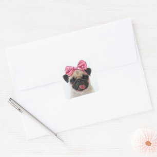 Pug with Pink Bow Square Sticker