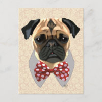 Pug with Red and White Spotty Bow Tie