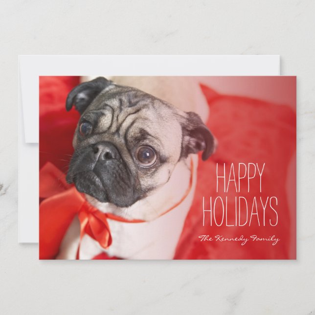 Pug with red ribbon holiday card (Front)