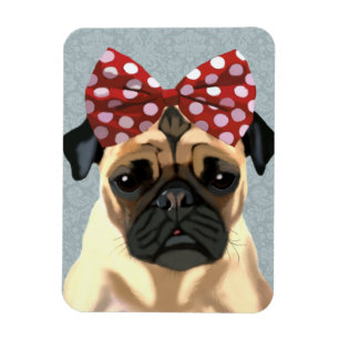 Pug with Red Spotty Bow On Head 2 Magnet