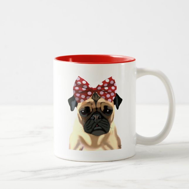 Pug with Red Spotty Bow On Head 2 Two-Tone Coffee Mug (Right)