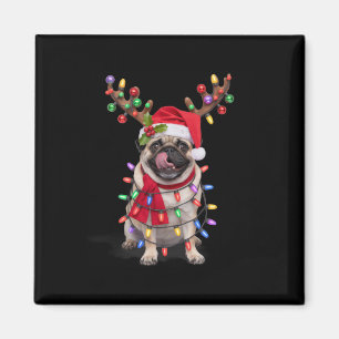 Pug With Reindeer Antlers Wrapped In Christmas Lig Magnet