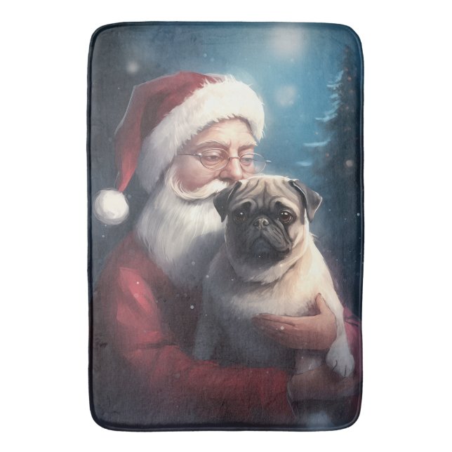Pug With Santa Claus Festive Christmas Bath Mat (Front Vertical)