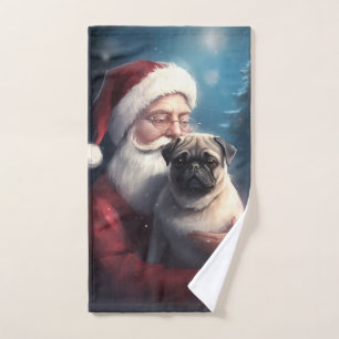 Pug With Santa Claus Festive Christmas Bath Towel Set