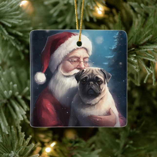 Pug With Santa Claus Festive Christmas Ceramic Ornament (Tree)